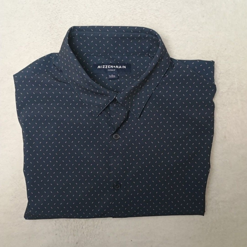 Mizzen+Main Shirt Mens L Blue Polka Dot Button-Up Leeward Classic Stretch Work